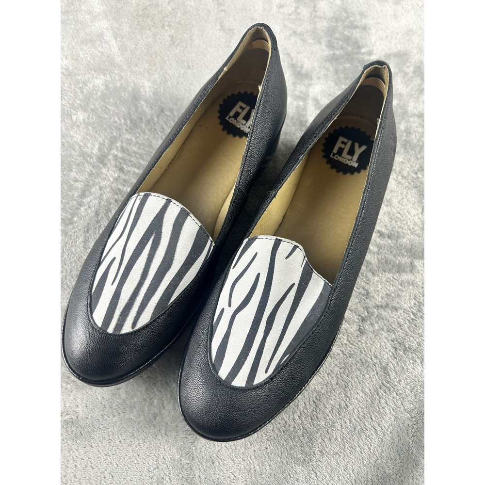 Fly London Black Leather Zebra Print Wedge Loafers EU 39 US 8-8.5 EUC
